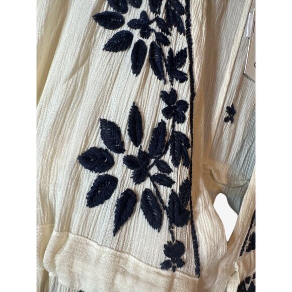 Raga Womens Embroidered Maxi Dress Sm White & Navy Boho Crinkle Fabric Anthro - Picture 2 of 7